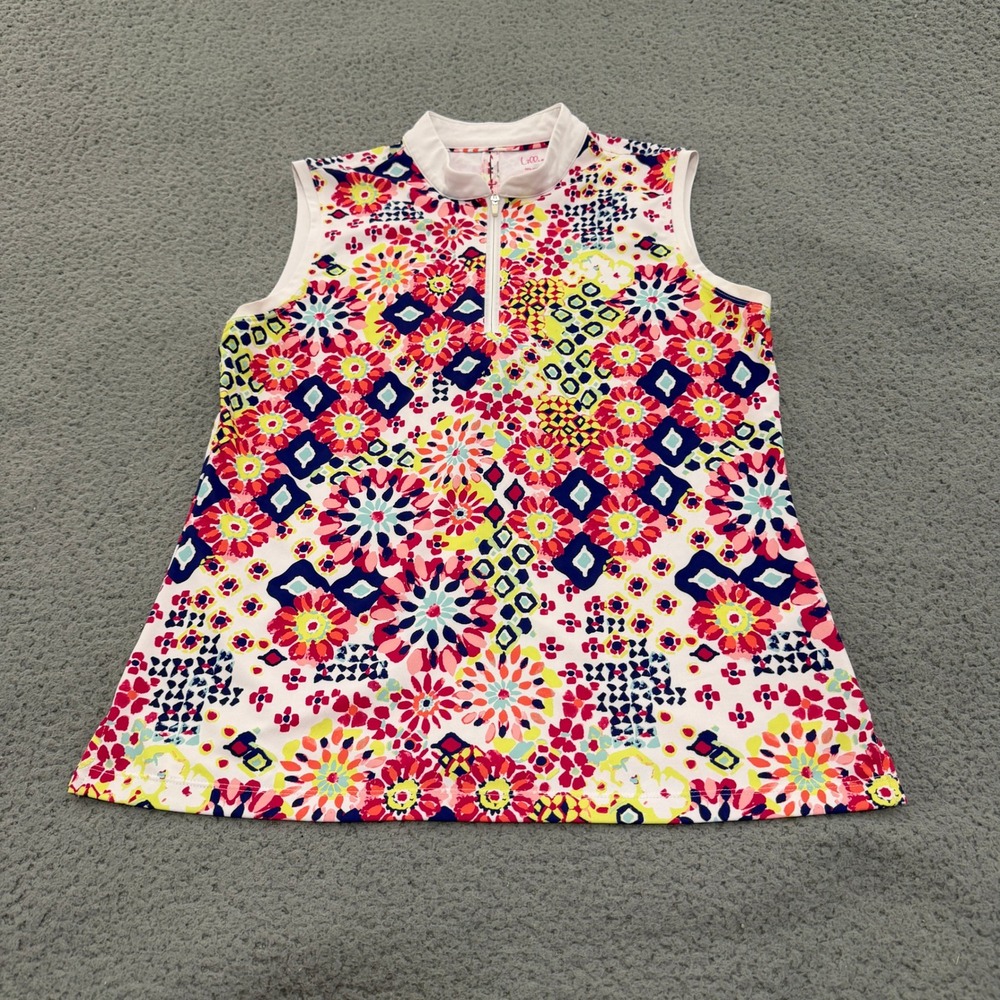 Lillie Green Golf Top Womens Medium Floral Geometric Quarter Zip Sleeveless